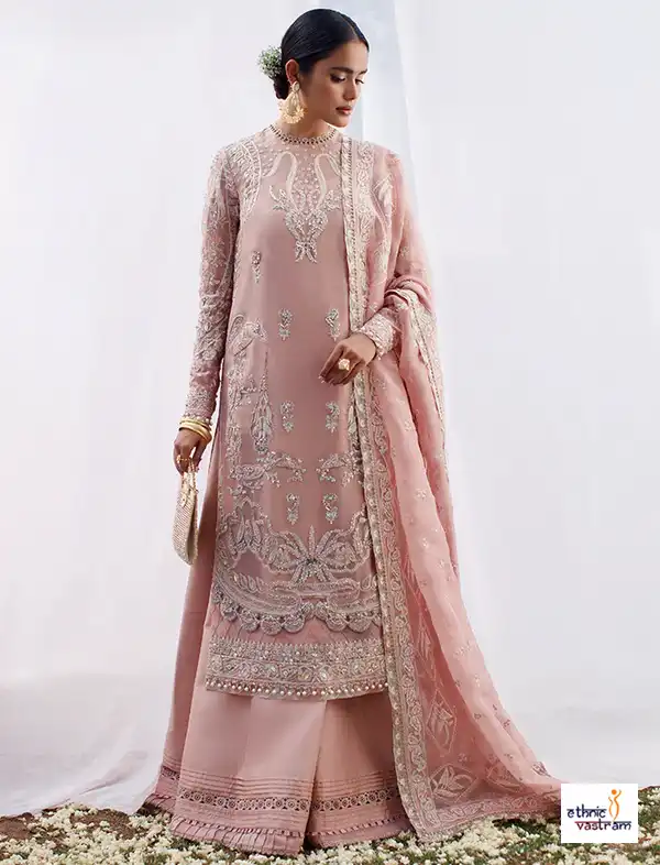 Rose Pink Faux Georgette Embroidered Pakistani Palazzo Set