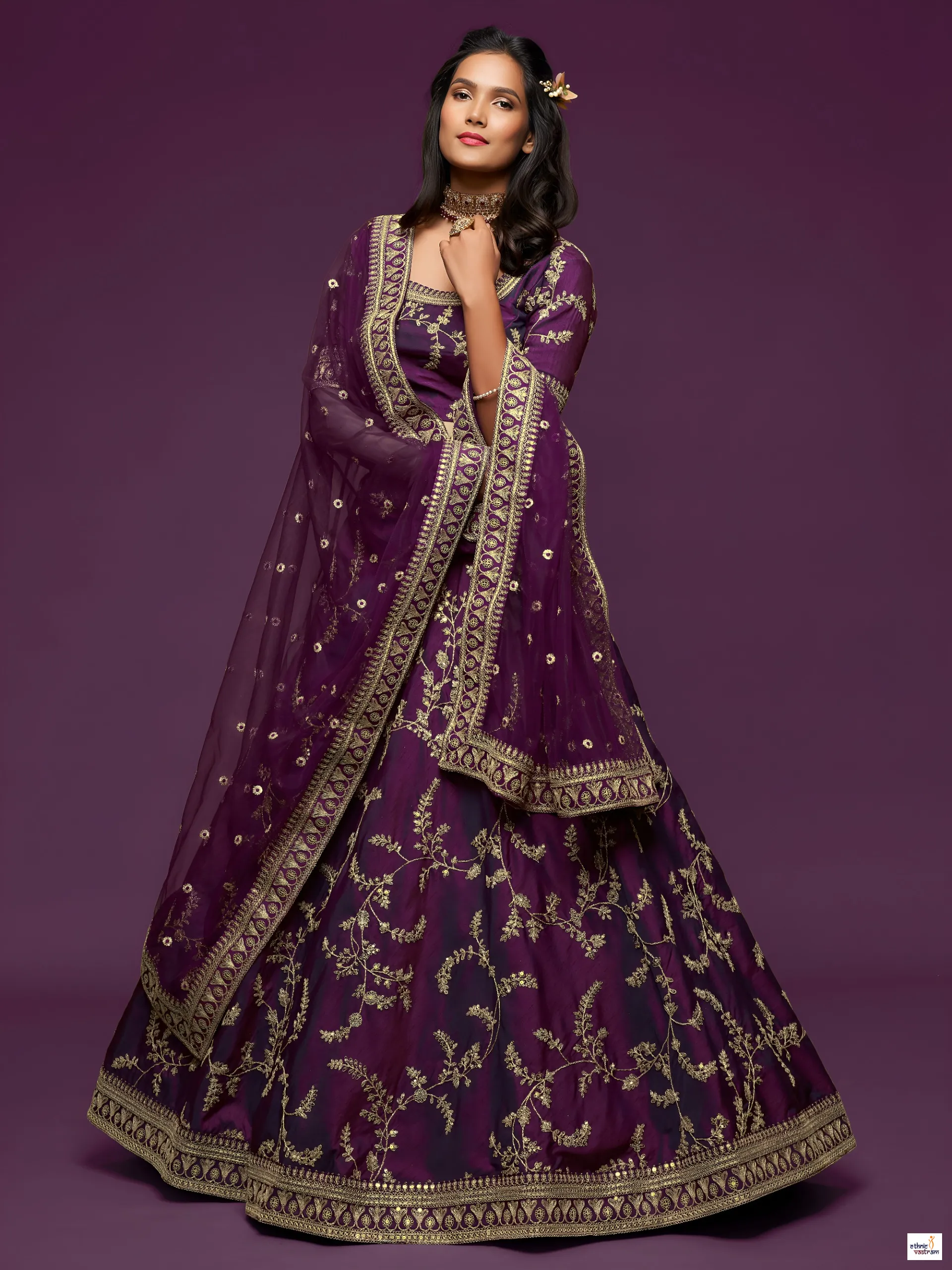 Royal Purple Art Silk Wedding Embroidered Lehenga Choli - Image 2