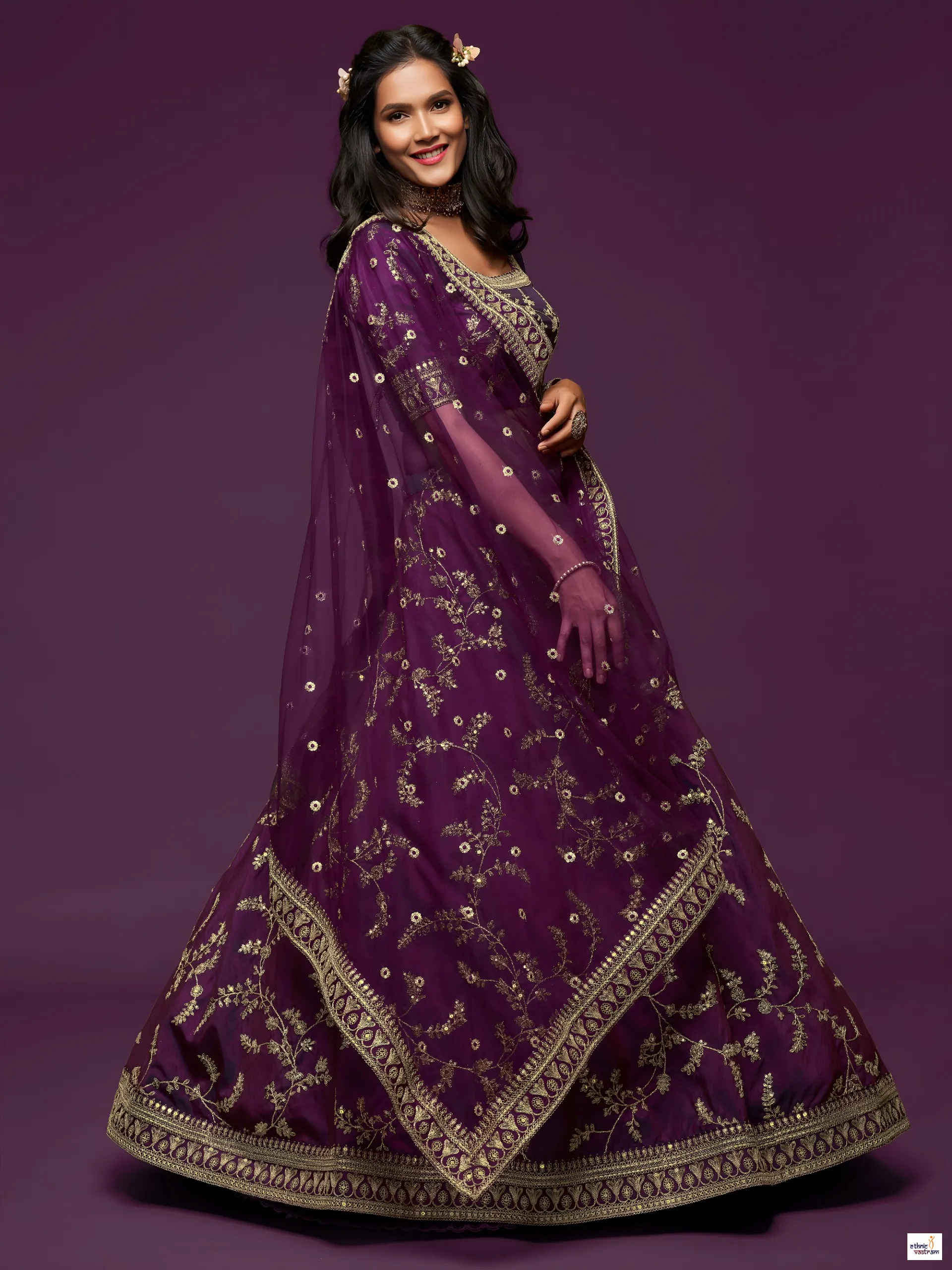 Royal Purple Art Silk Wedding Embroidered Lehenga Choli - Image 3