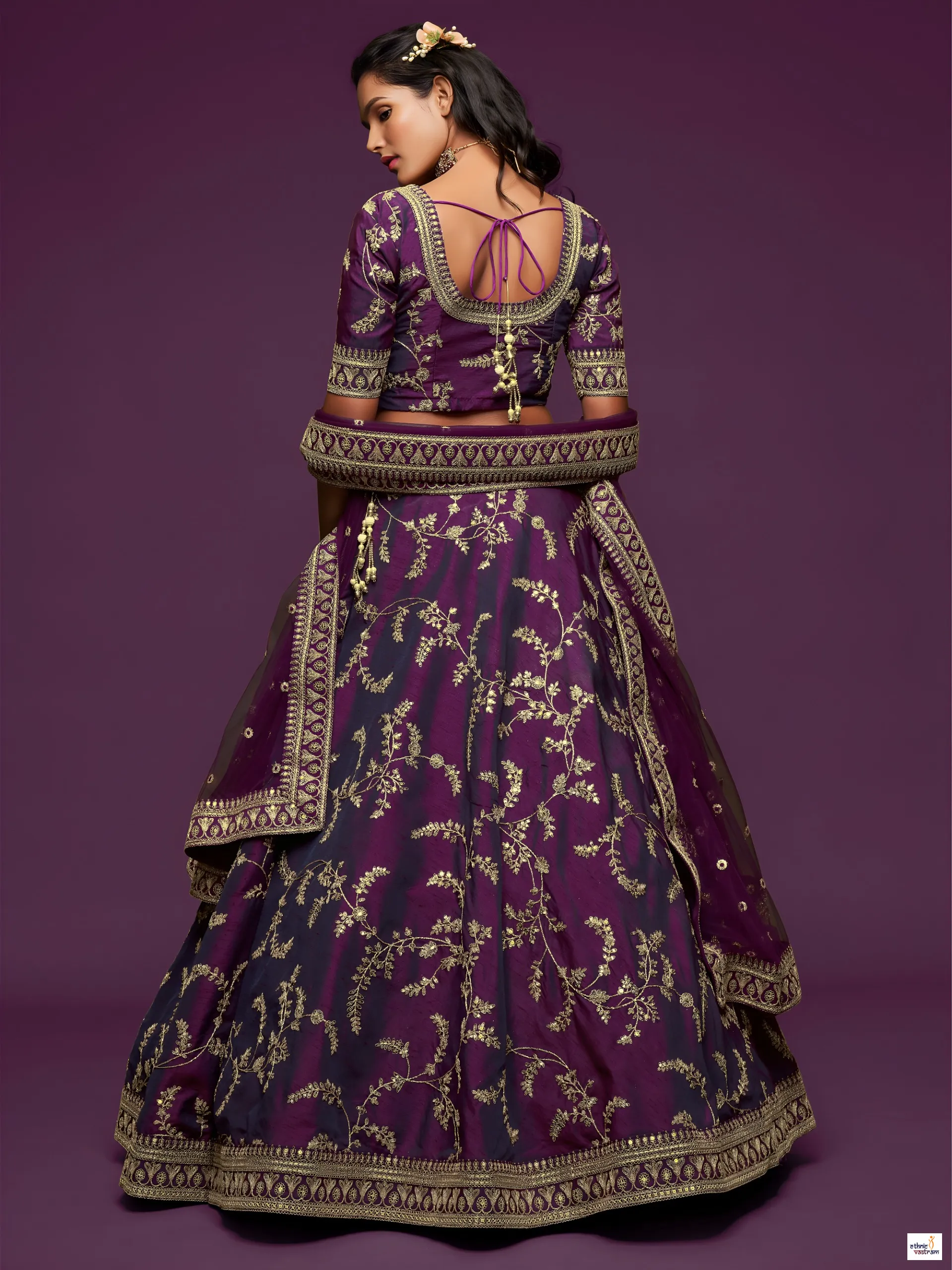 Royal Purple Art Silk Wedding Embroidered Lehenga Choli - Image 4