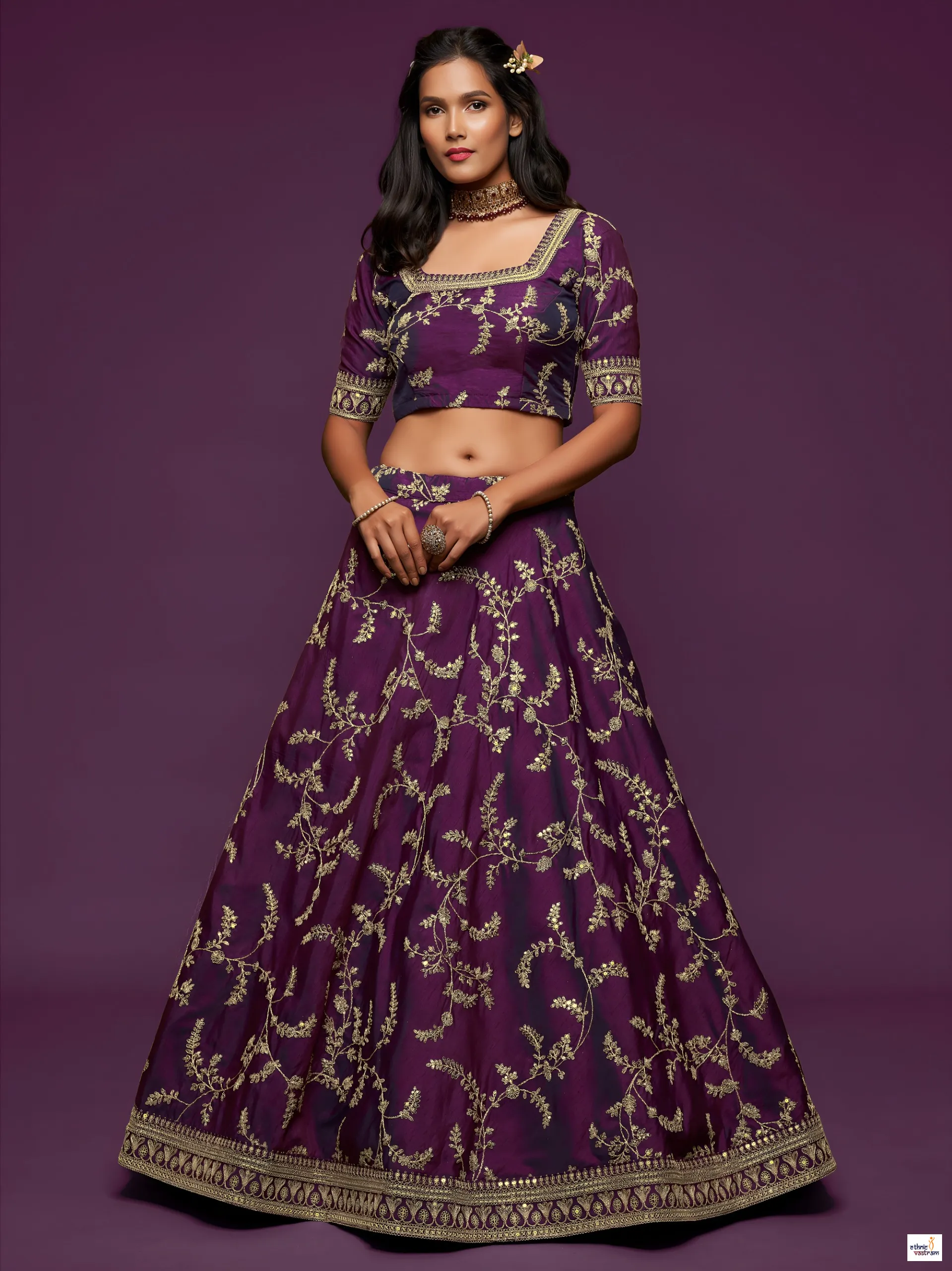 Royal Purple Art Silk Wedding Embroidered Lehenga Choli - Image 5