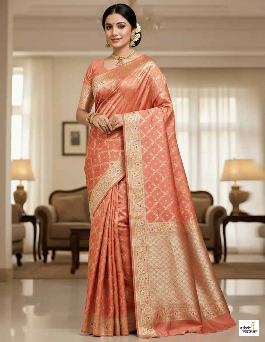 Peach Banarasi Silk Zari Mina Work Weaving Traditional Saree