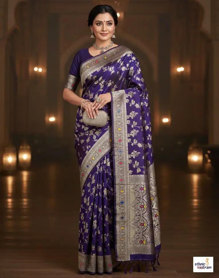 Royal Purple Lichi Silk Mina Work Traditional Wedding Saree