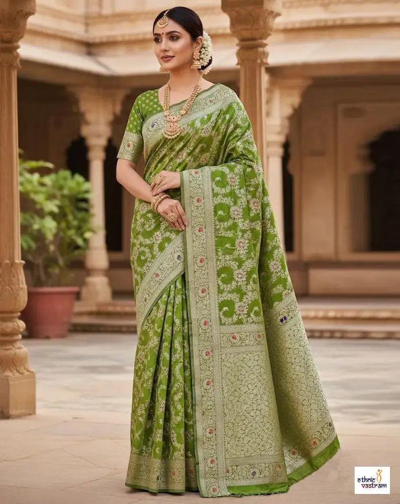 Light Green Banarasi Silk Zari Mina Work Wedding Saree