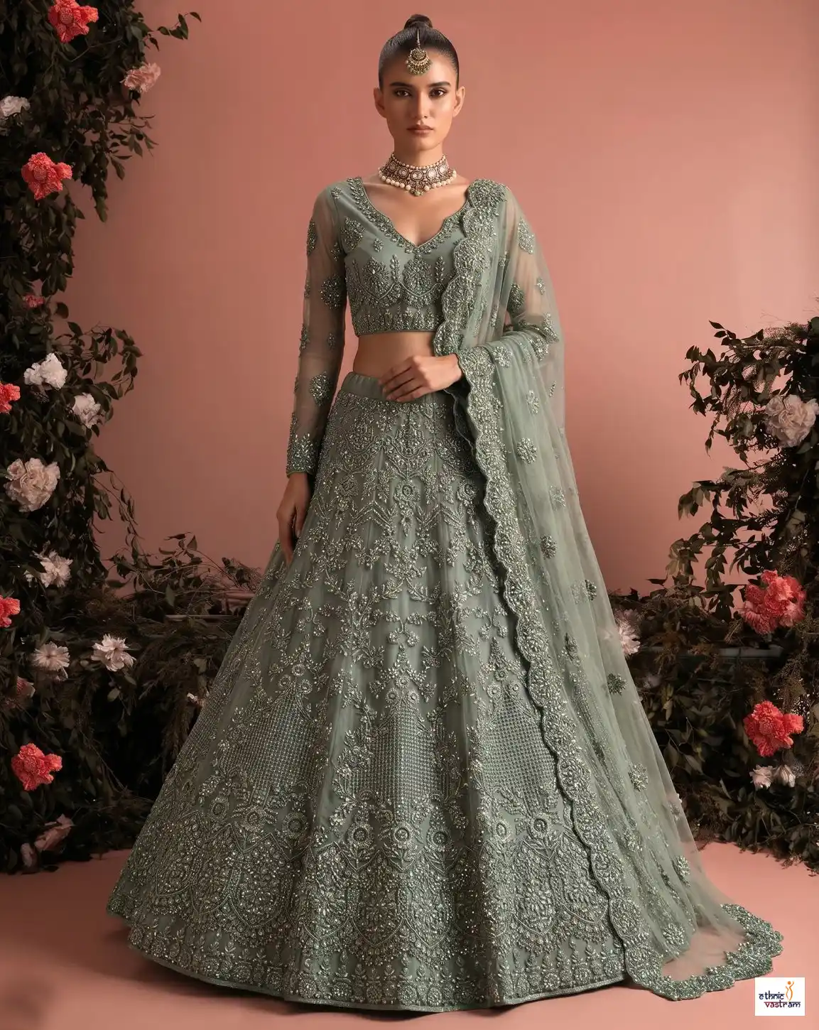 Sage Green Butterfly Net Embroidered Wedding Lehenga Choli - Image 2