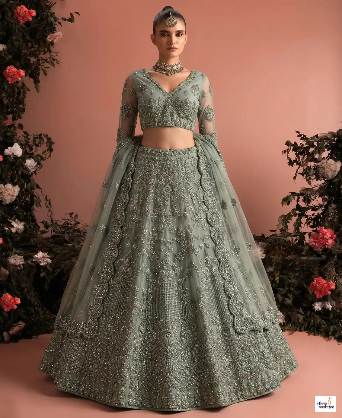 Sage Green Butterfly Net Embroidered Wedding Lehenga Choli