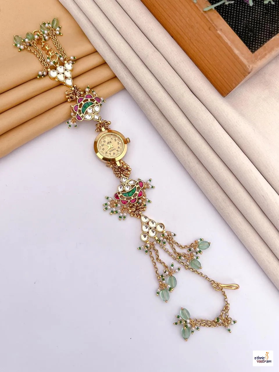White Stone & Green Bead Traditional Festive Jewelry Watch