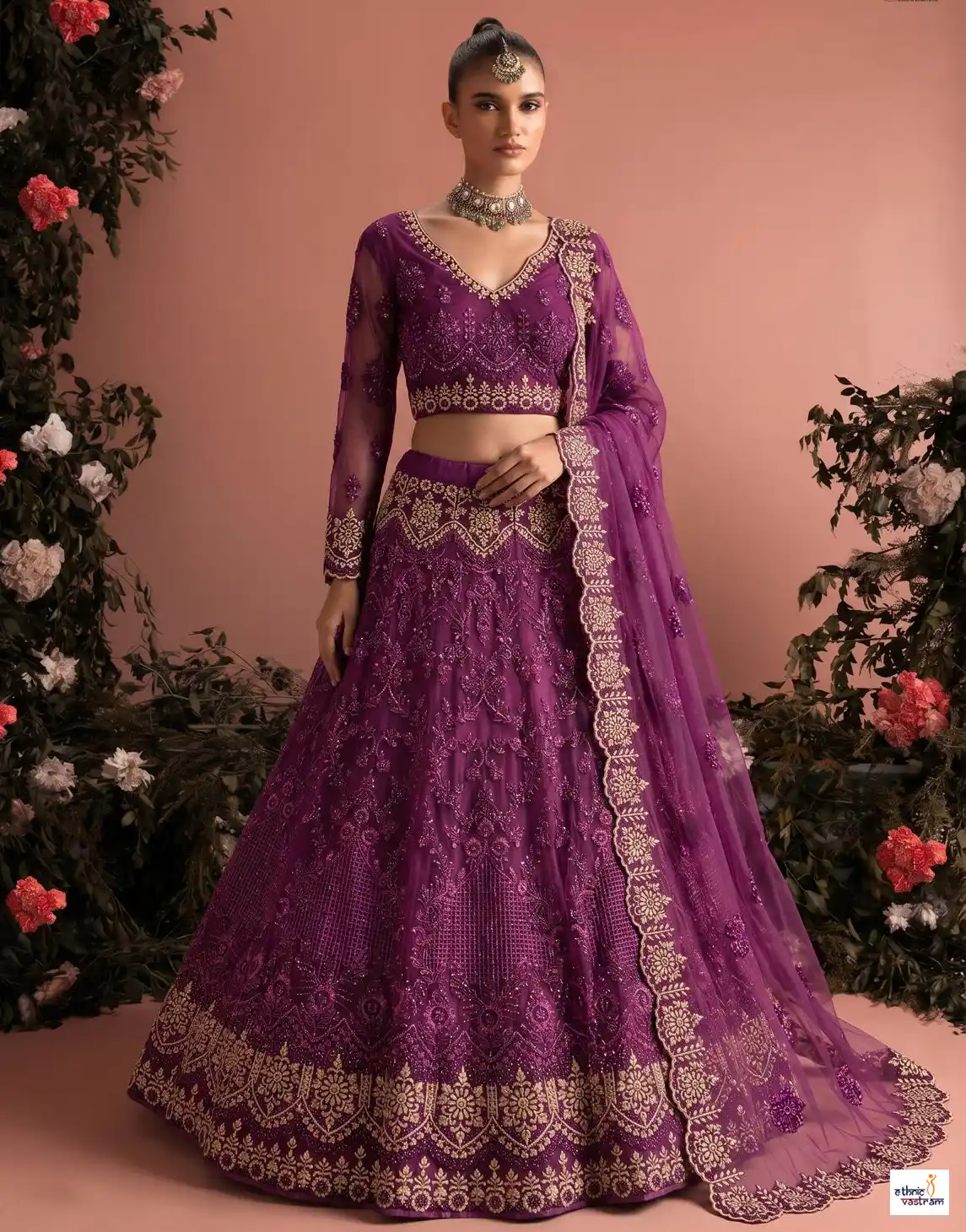 Wine Butterfly Net Embroidered Wedding Lehenga Choli