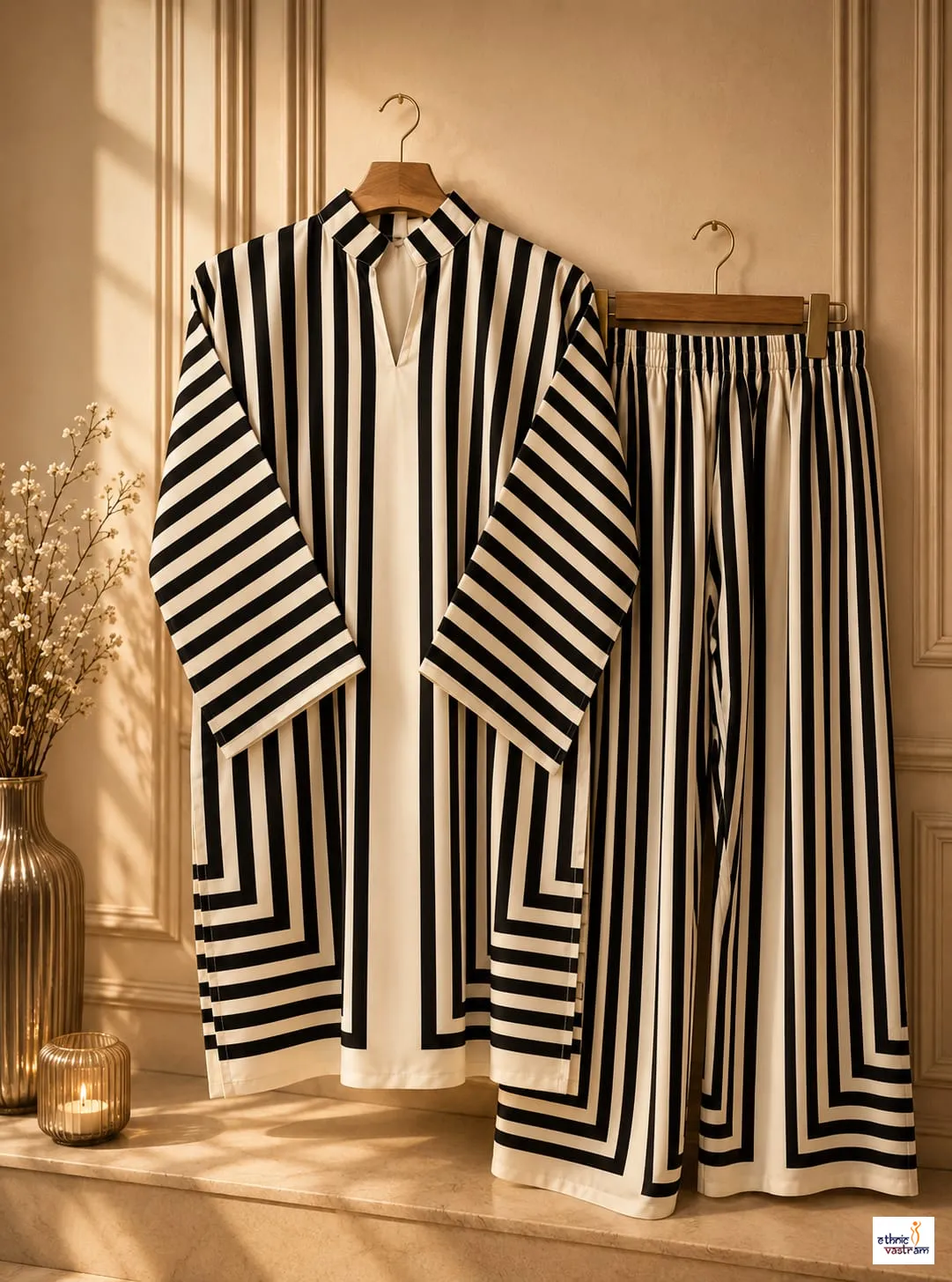 Women Black and Cream Striped Turkish Co-Ord Set
