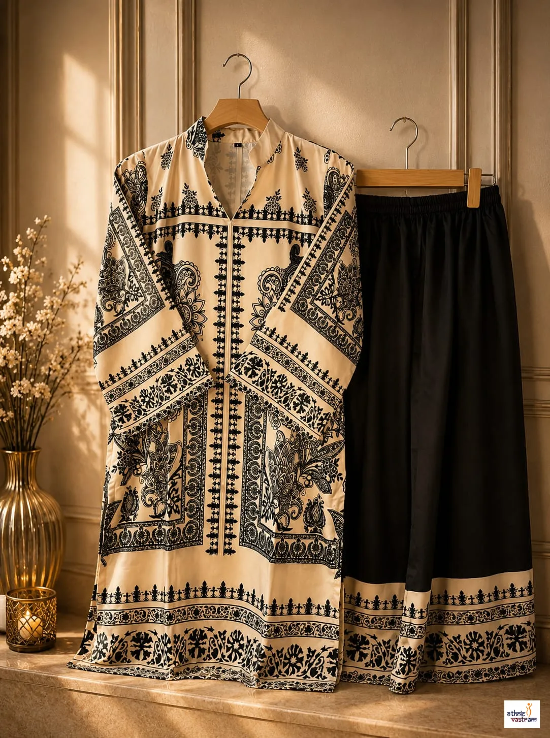 Women Cream and Black Printed Turkish Co-Ord Set