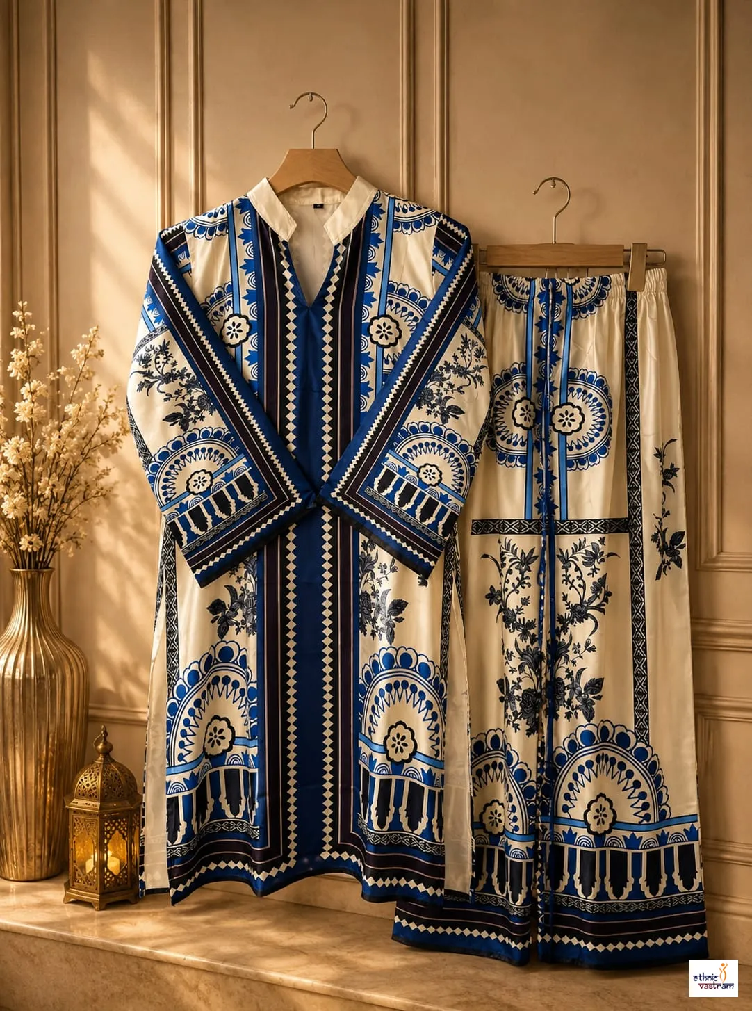 Women Cream and Blue Printed Turkish Co-Ord Set