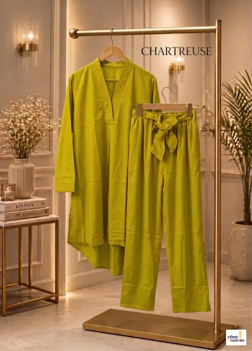 Women's Chartreuse Rayon Pakistani Style High-Low Co-ord Set