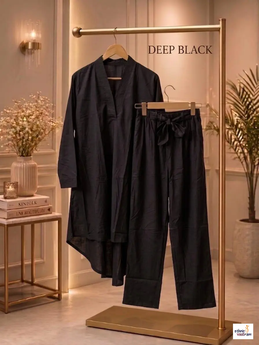 Women's Deep Black Rayon Pakistani Style High-Low Co-ord Set