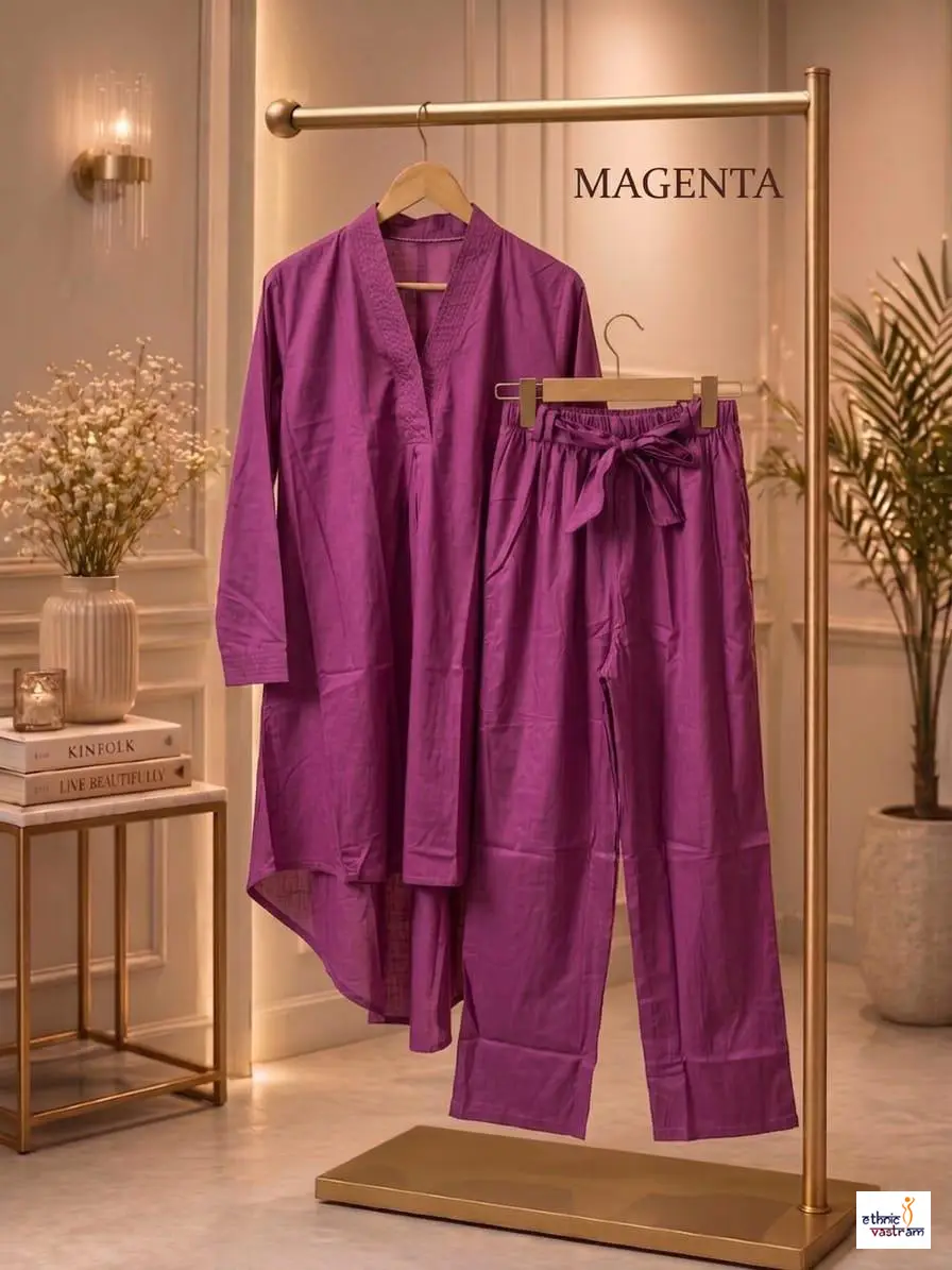 Women's Magenta Rayon Pakistani Style High-Low Co-ord Set