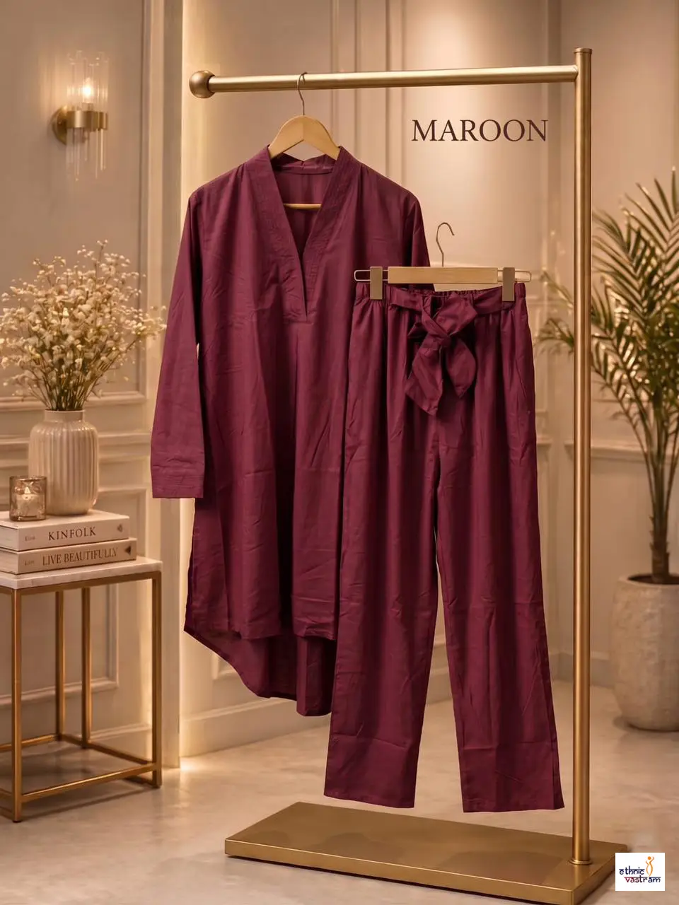 Women's Maroon Rayon Pakistani Style High-Low Cord set