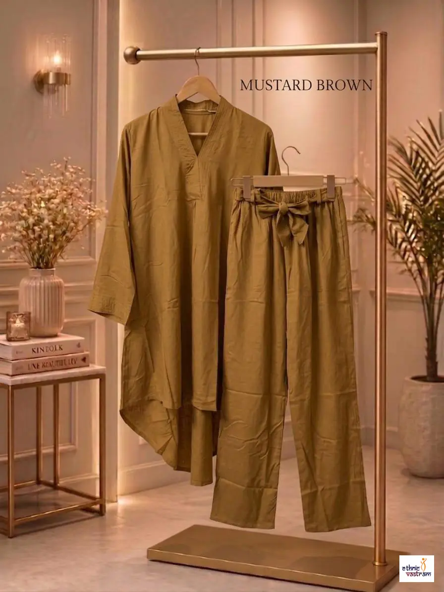 Women's Mustard Brown Rayon Pakistani Style High-Low Cordset