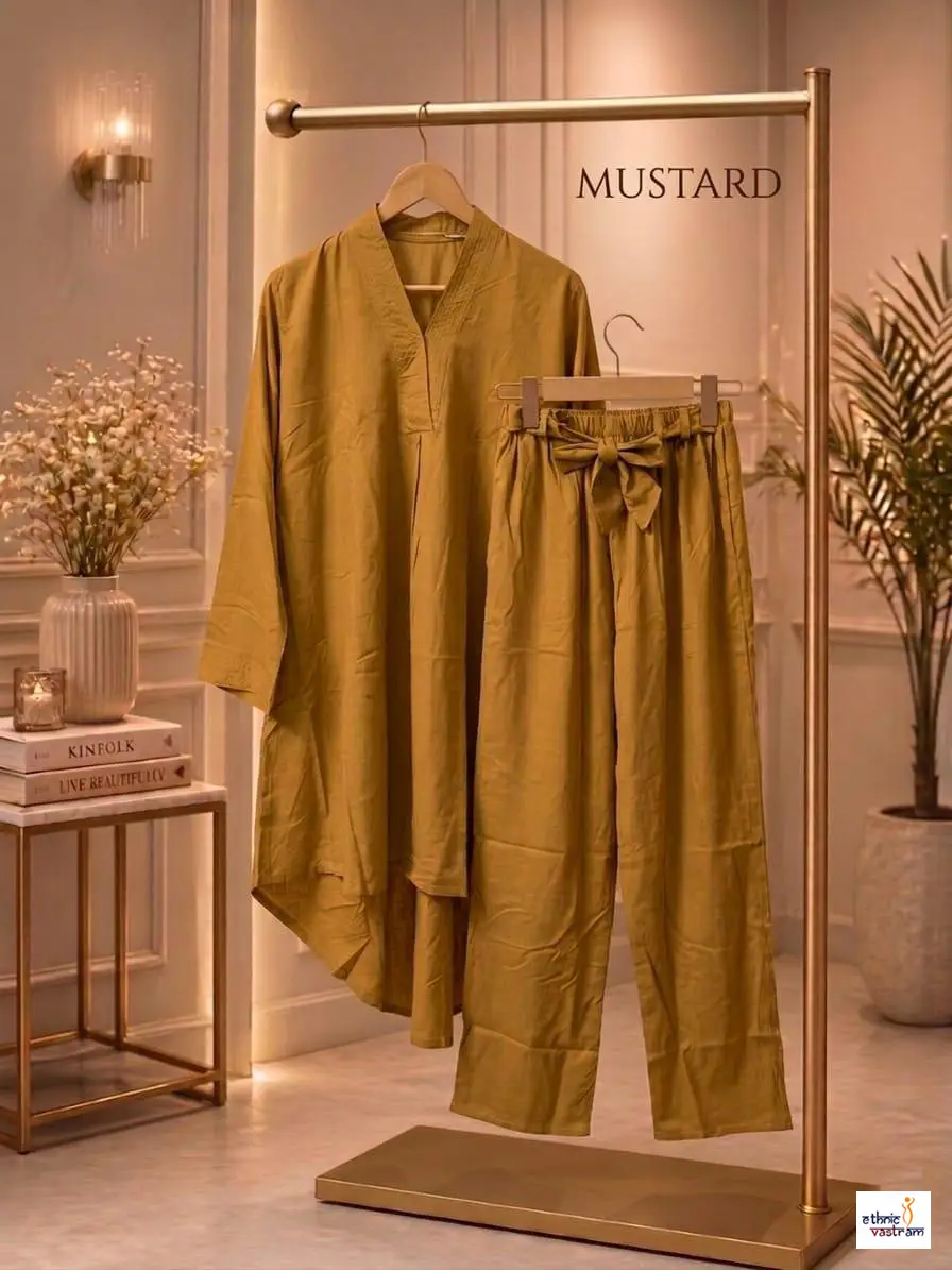 Women's Mustard Rayon Pakistani Style High-Low Co-ord Set
