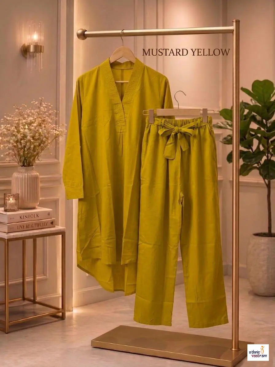 Women's Mustard Yellow Rayon Pakistani Style High-Low Co-ord Set