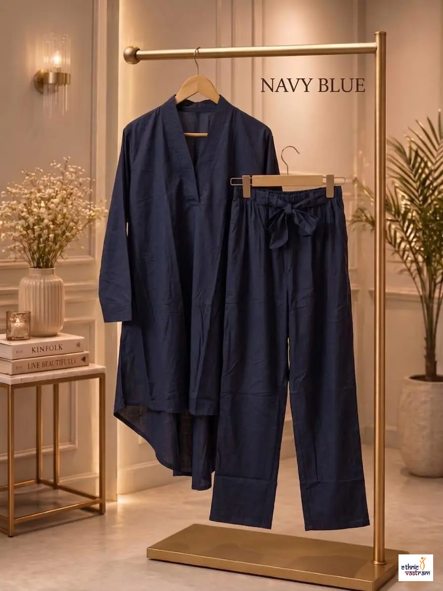 Women's Navy Blue Rayon Pakistani Style High-Low Co-ord Set