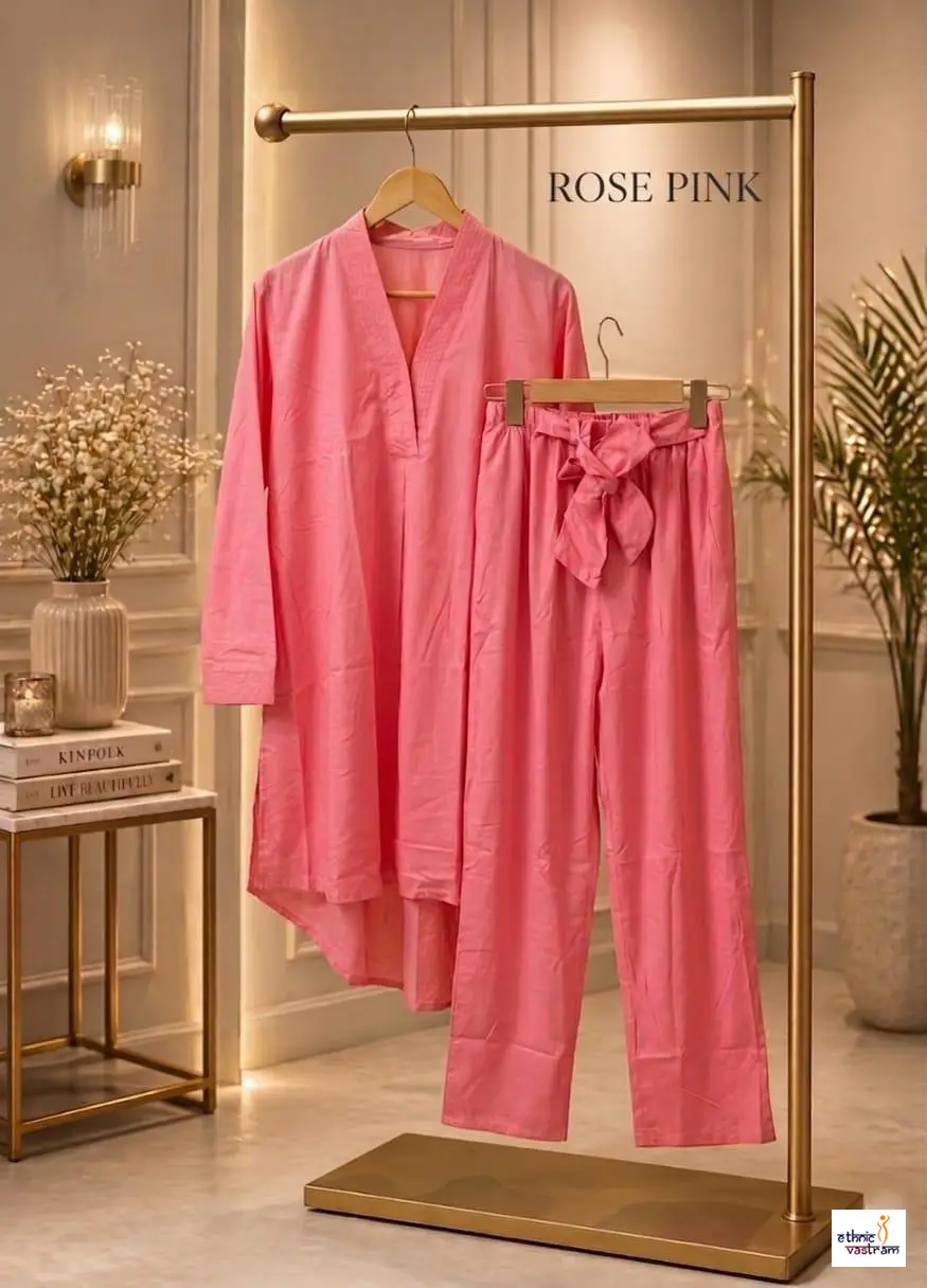 Women's Pink Rayon Pakistani Style High-Low Co-ord Set