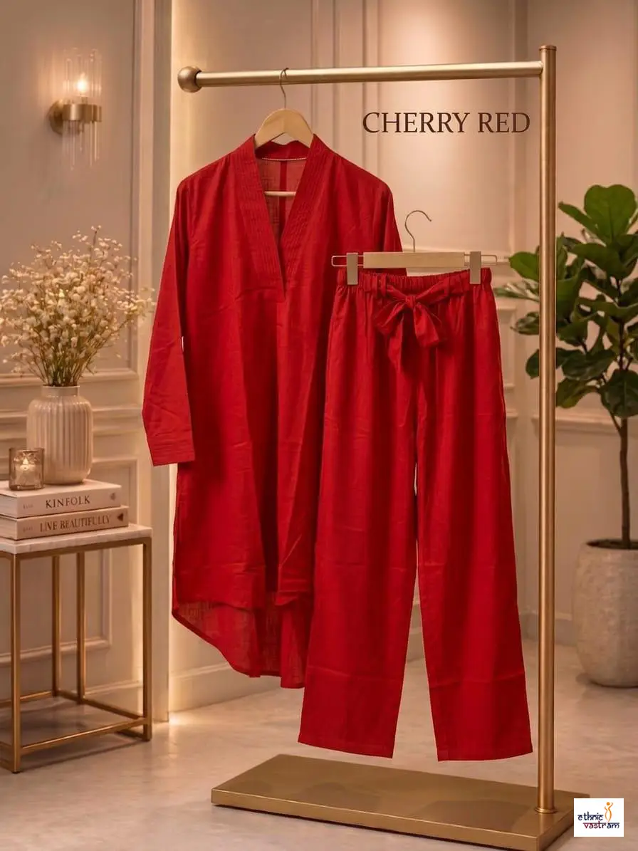 Women's Red Rayon Pakistani Style High-Low Co-ord Set - L