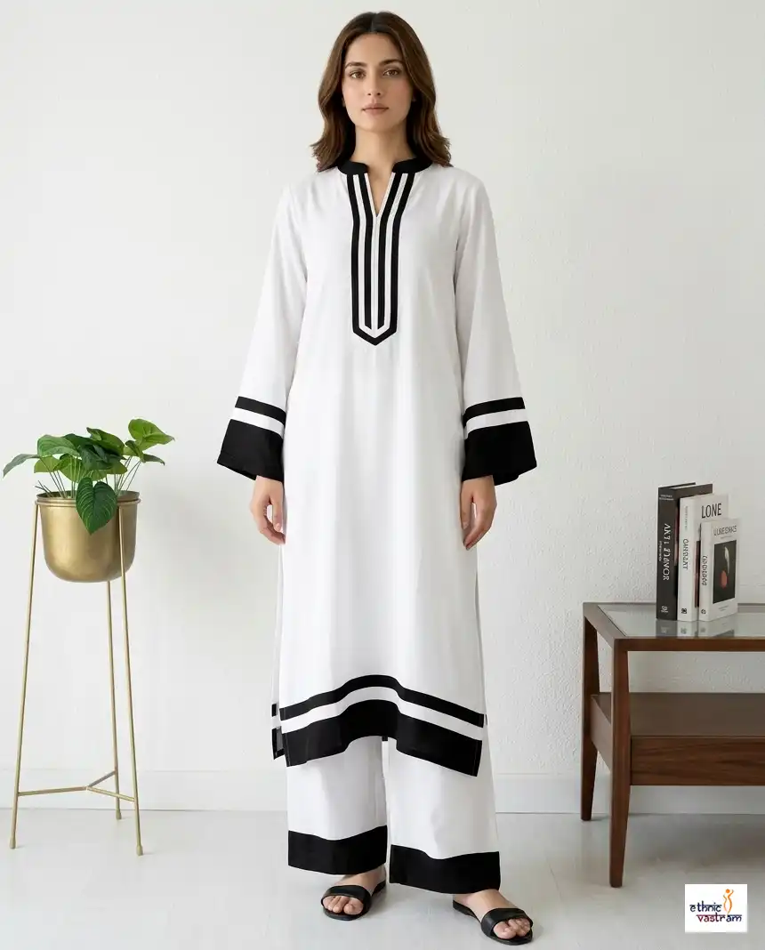 Women's White Rayon Pakistani Co-ord Set