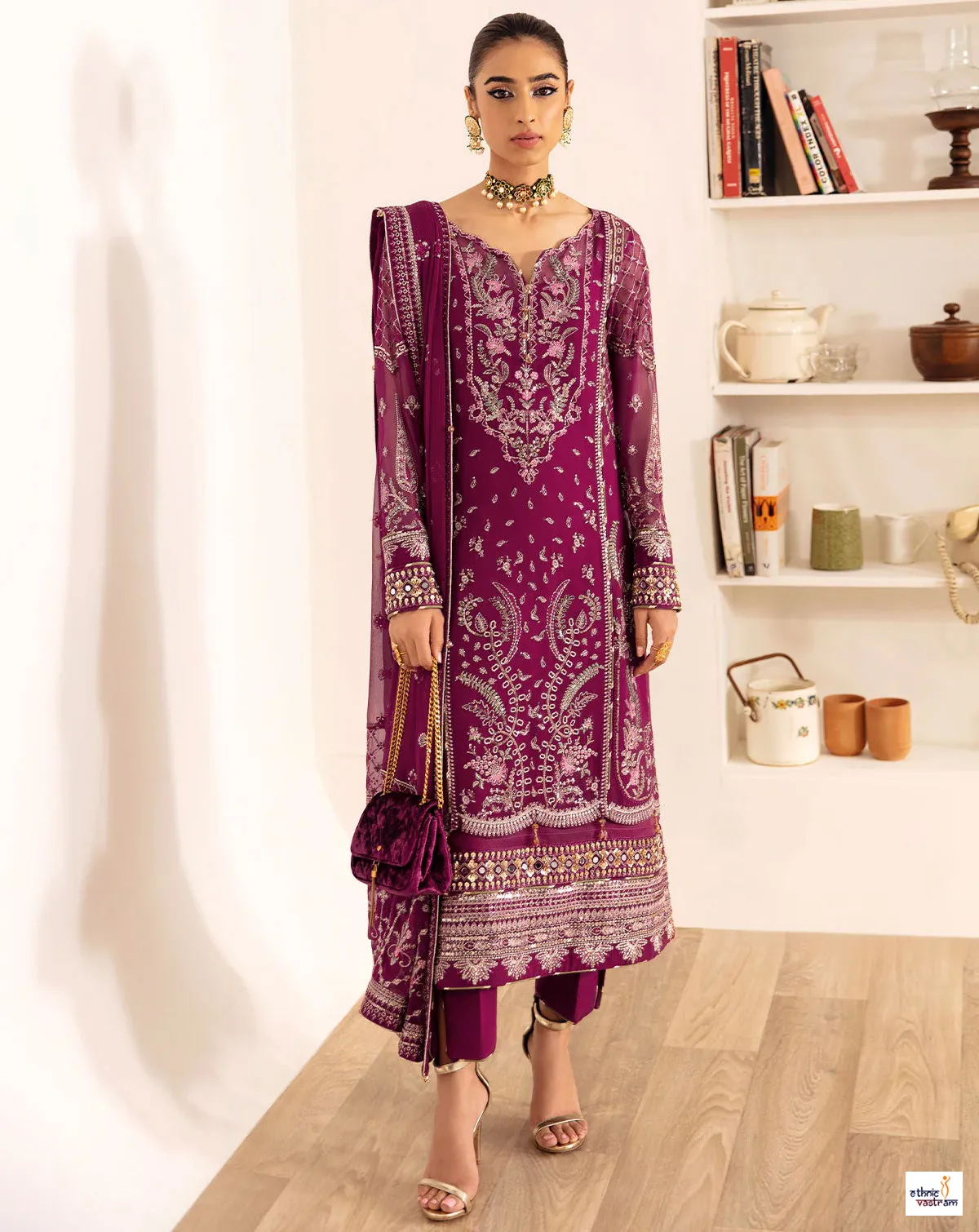 Zaha Premium Purple Georgette Embroidered Pakistani Suit