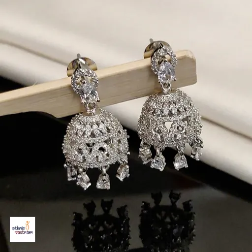 Sparkling Silver Plated American Diamond Jhumka Earrings