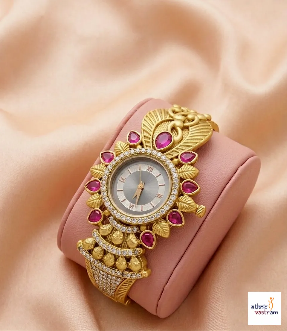 Gold Plated Antique Temple Style Watch Bracelet