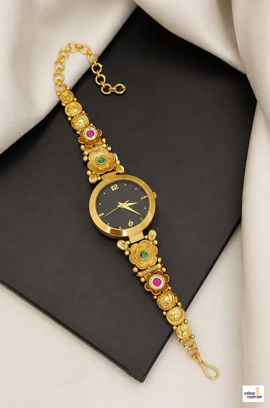 Antique Gold Black Dial Floral Coin Heritage Bracelet Watch