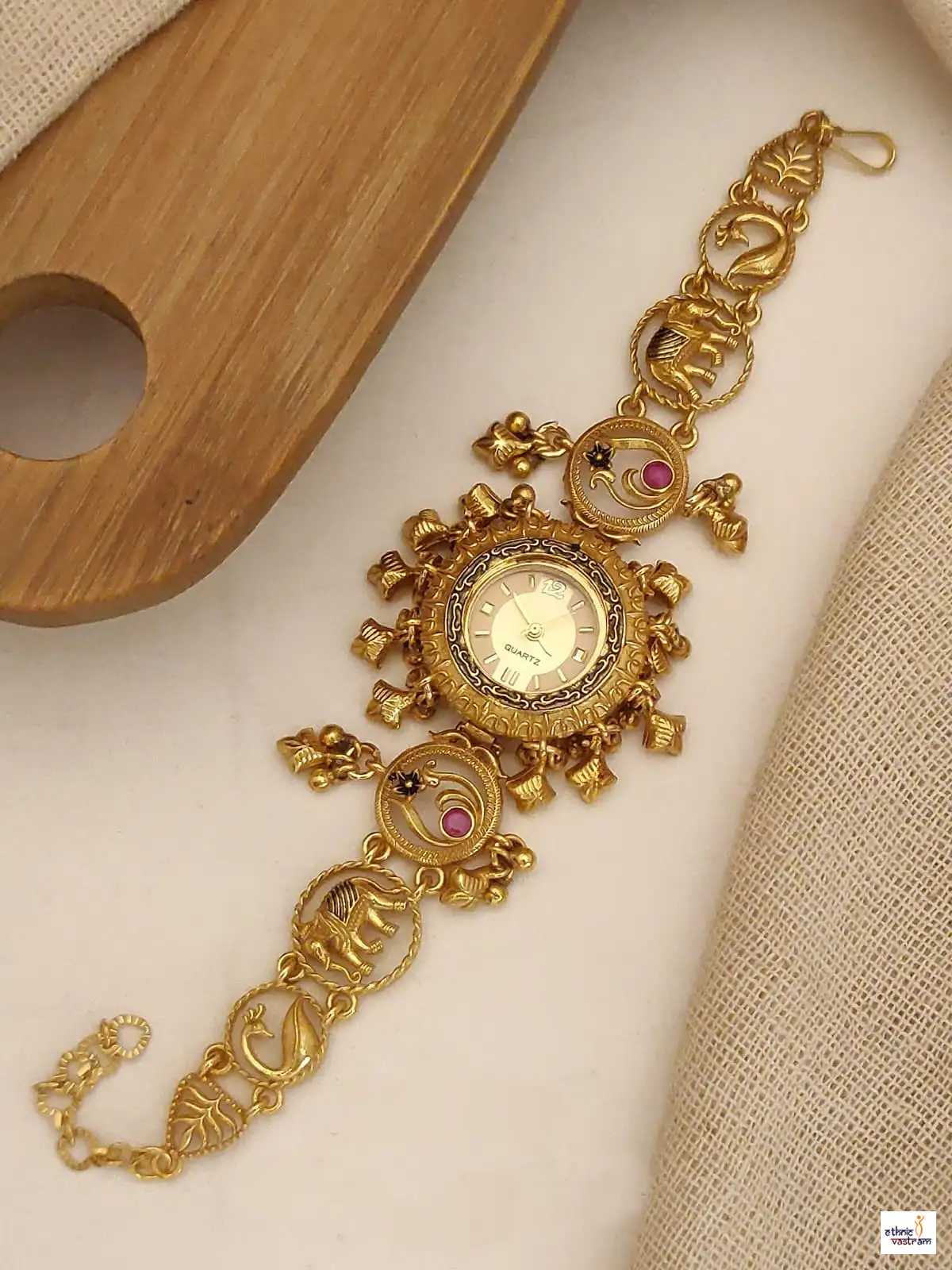 Antique Gold Elephant & Peacock Motif Heritage Bracelet Watch