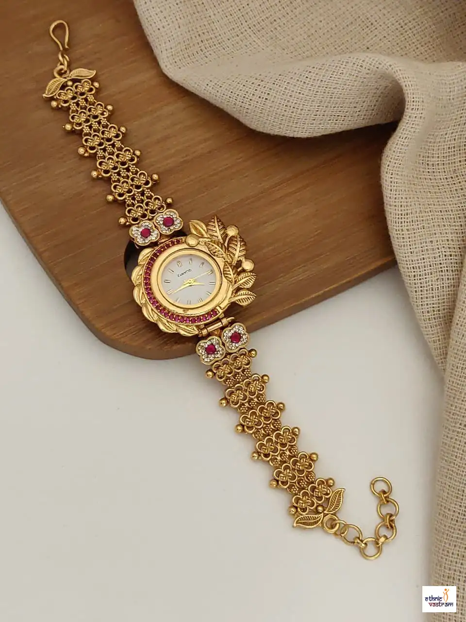 Antique Gold Leaf Motif Floral Filigree Bracelet Watch
