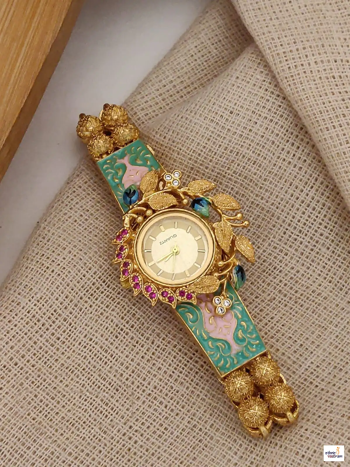 Antique Gold Meenakari Floral Leaf Heritage Bracelet Watch