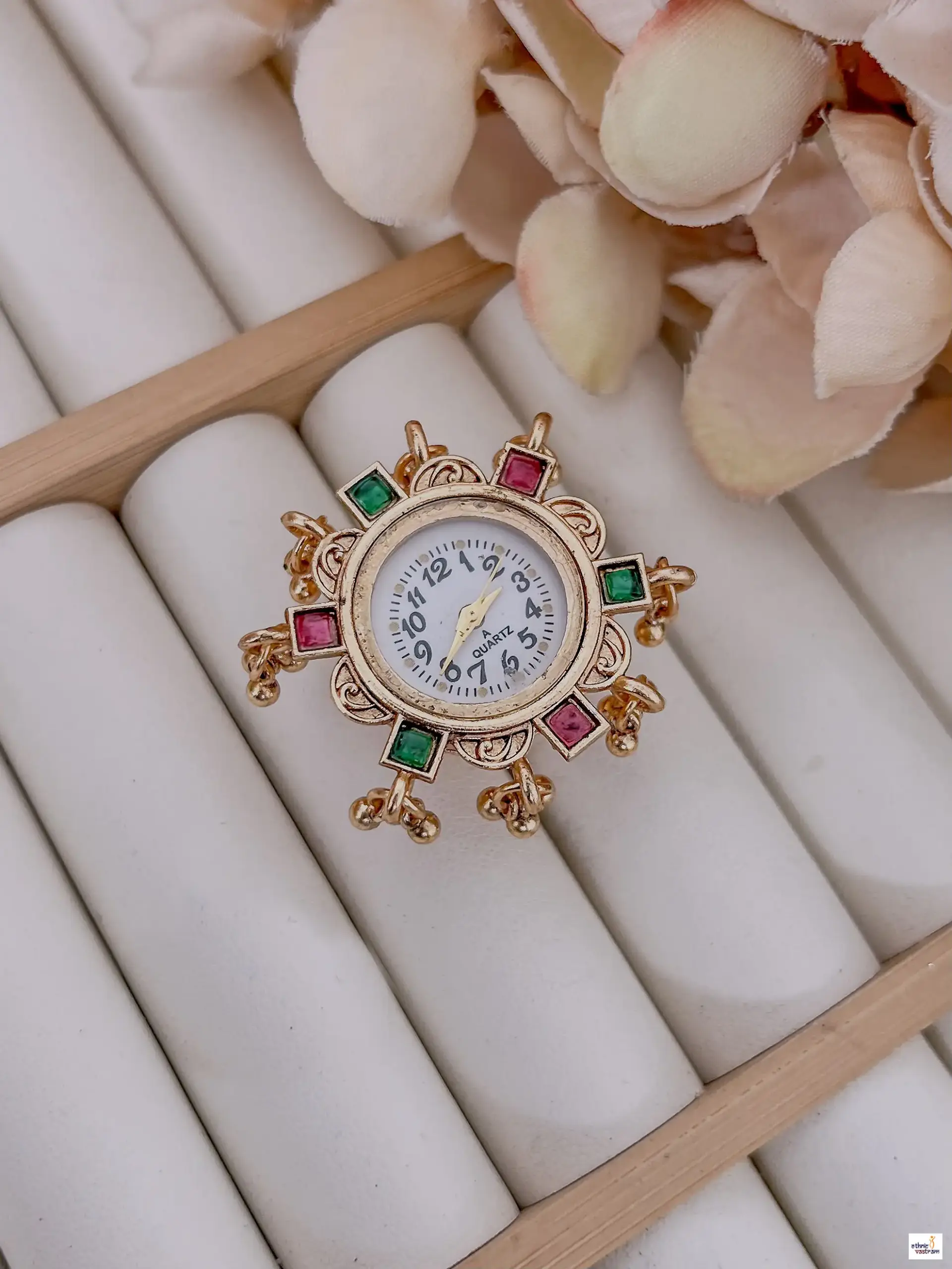 Antique Gold Multi-Color Stone Ethnic Ring Watch - Image 5