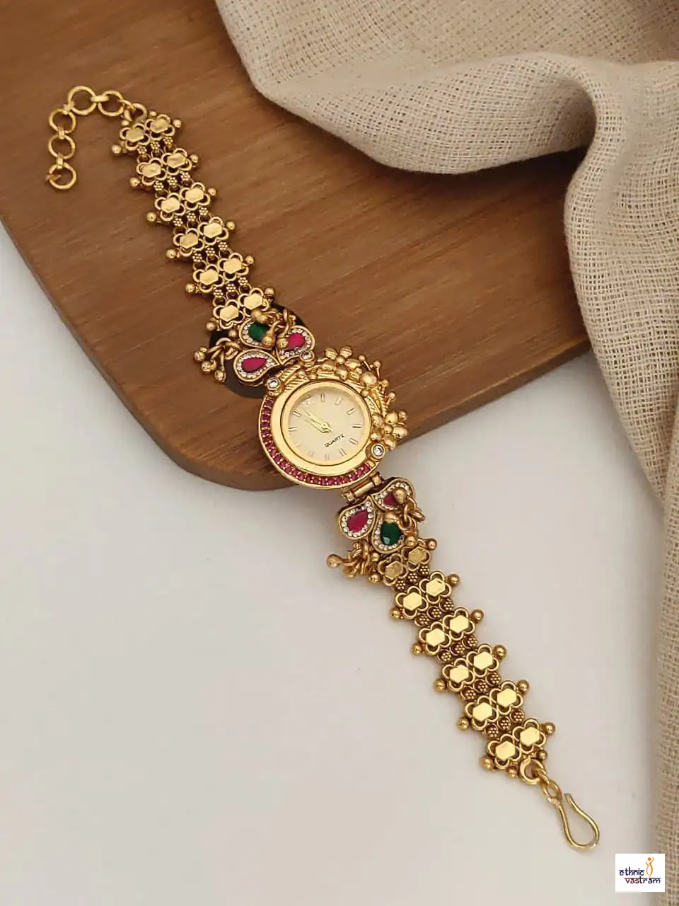 Antique Gold Peacock & Floral Filigree Bracelet Watch