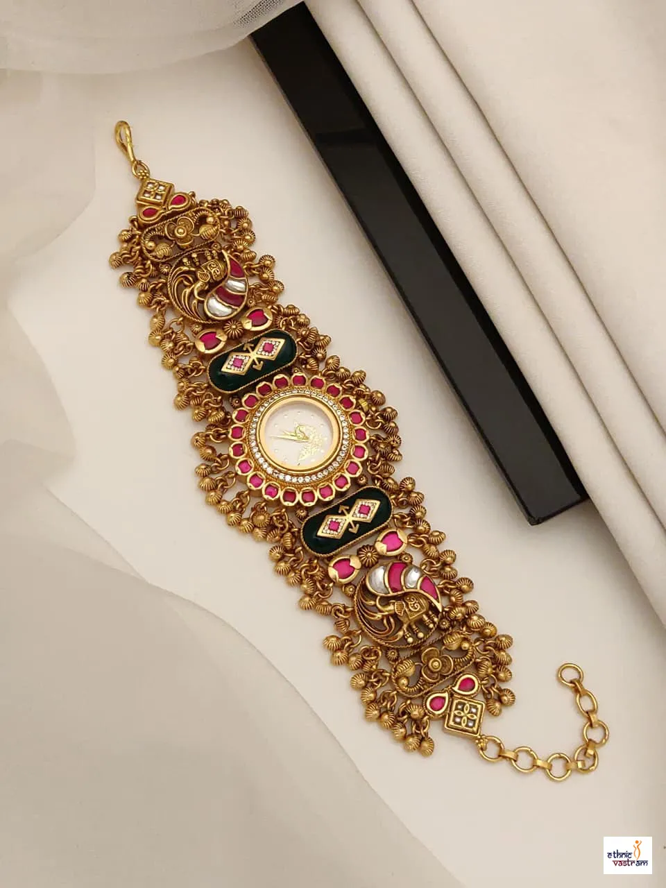 Antique Gold Peacock Motif Kundan Heritage Bracelet Watch - Image 2