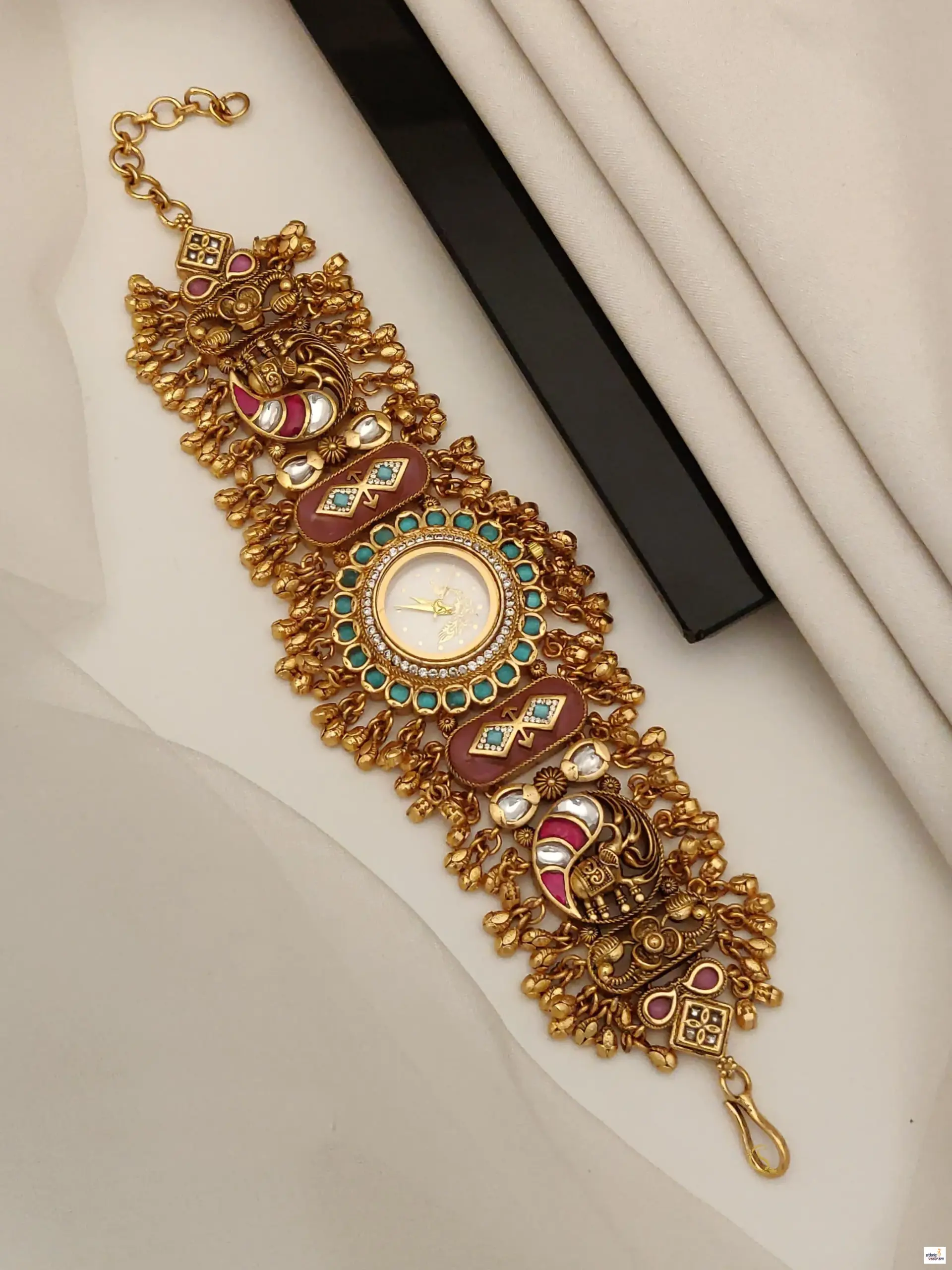 Antique Gold Peacock Motif Kundan Heritage Bracelet Watch