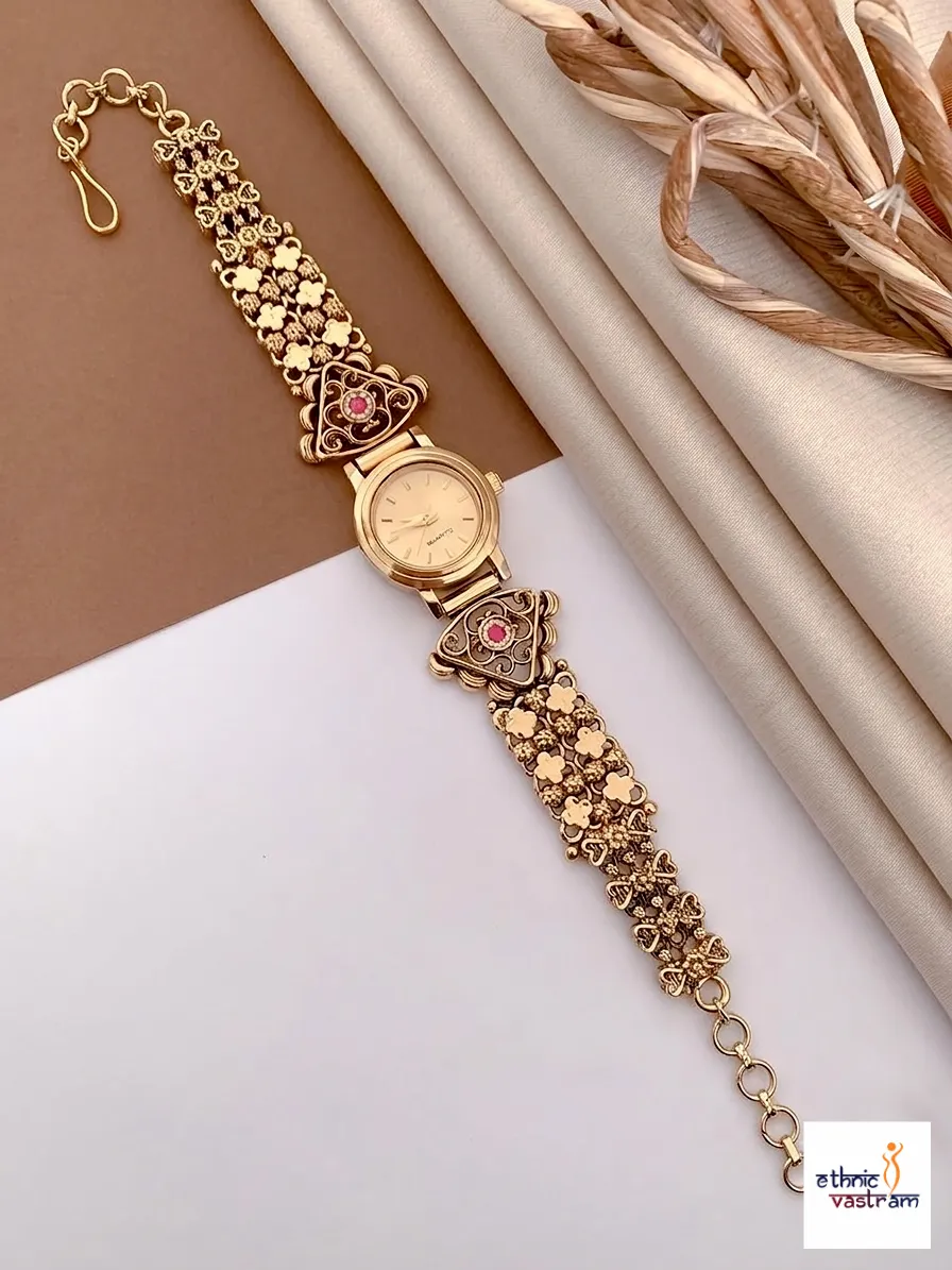 Antique Gold Plated Bracelet Watch with Filigree Work