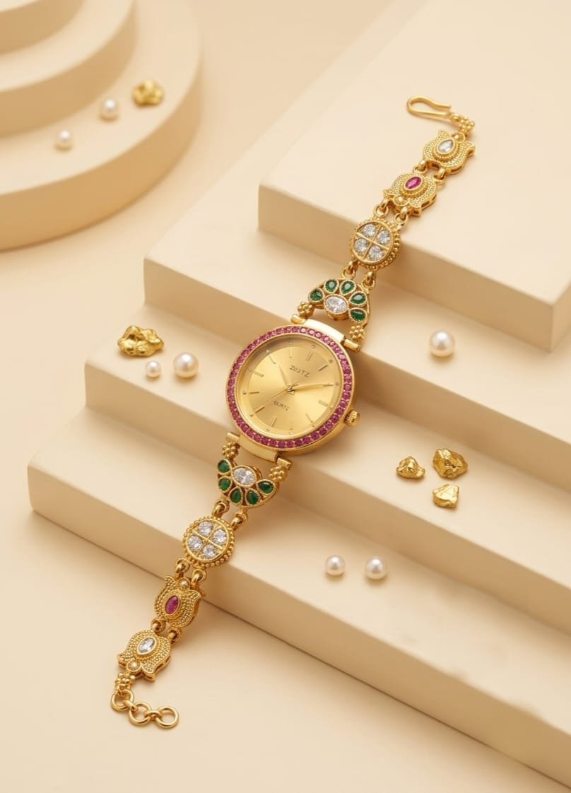 Antique Gold Plated Multi-Color CZ Stone Bracelet Watch