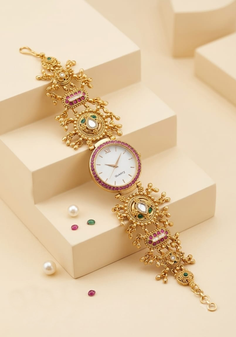 Gold Antique Gold Plated Multi-Color CZ Stone Bracelet Watch