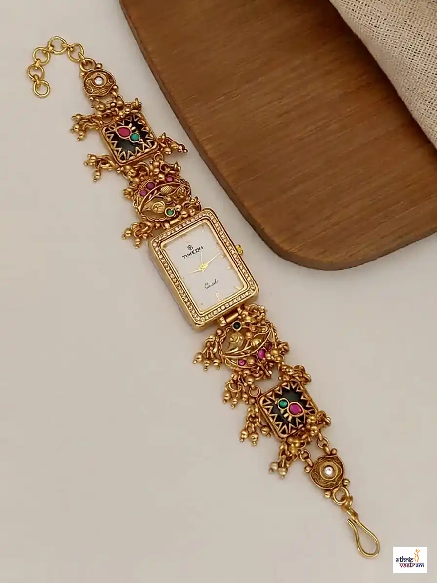 Antique Gold Rectangular Dial Temple Motif Heritage Bracelet Watch
