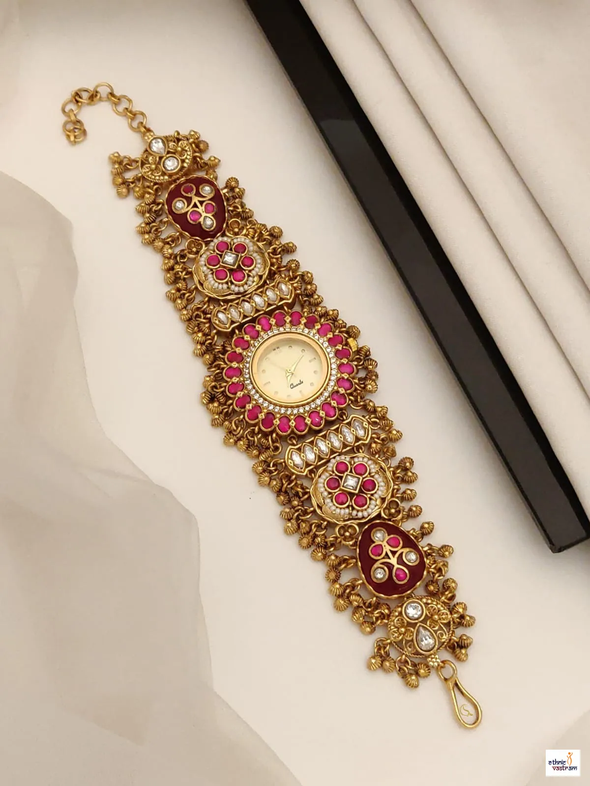 Antique Gold Round Dial Kundan Heritage Bracelet Watch