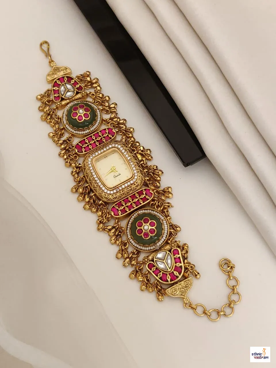 Antique Gold Square Dial Kundan Heritage Bracelet Watch - Image 2