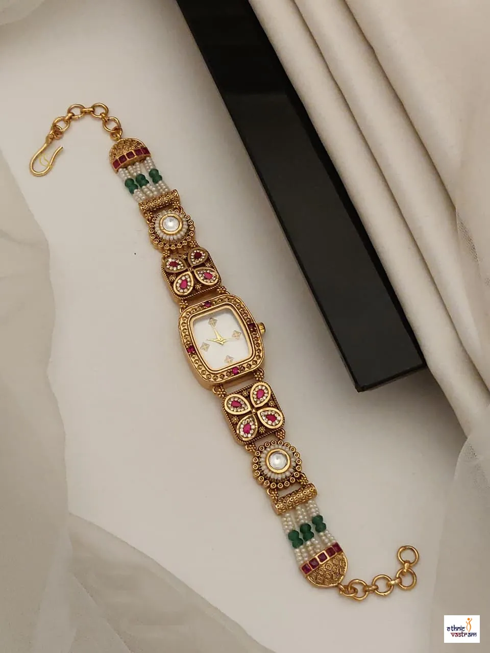 Antique Gold Square Dial Pearl Kundan Heritage Bracelet Watch
