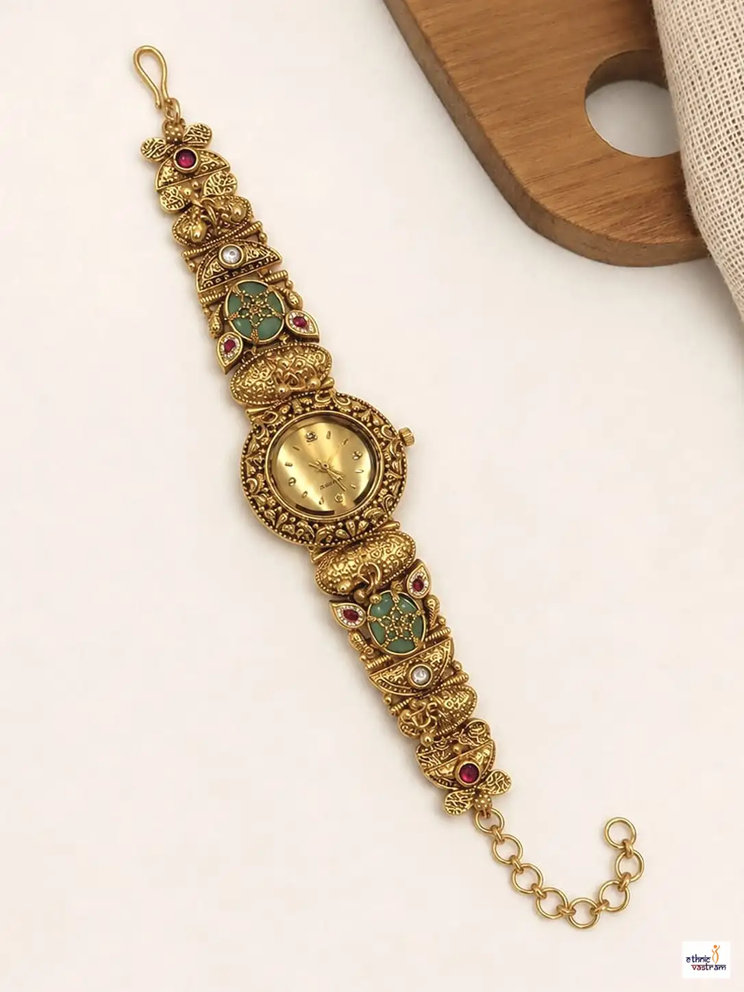 Antique Gold Temple Oval Stone Bracelet Watch