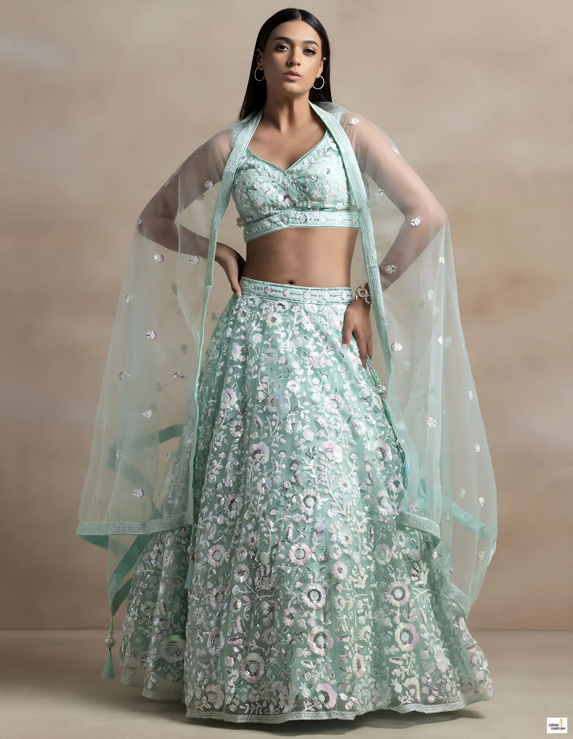 Aqua Blue Pastel Floral Embroidered Wedding Lehenga