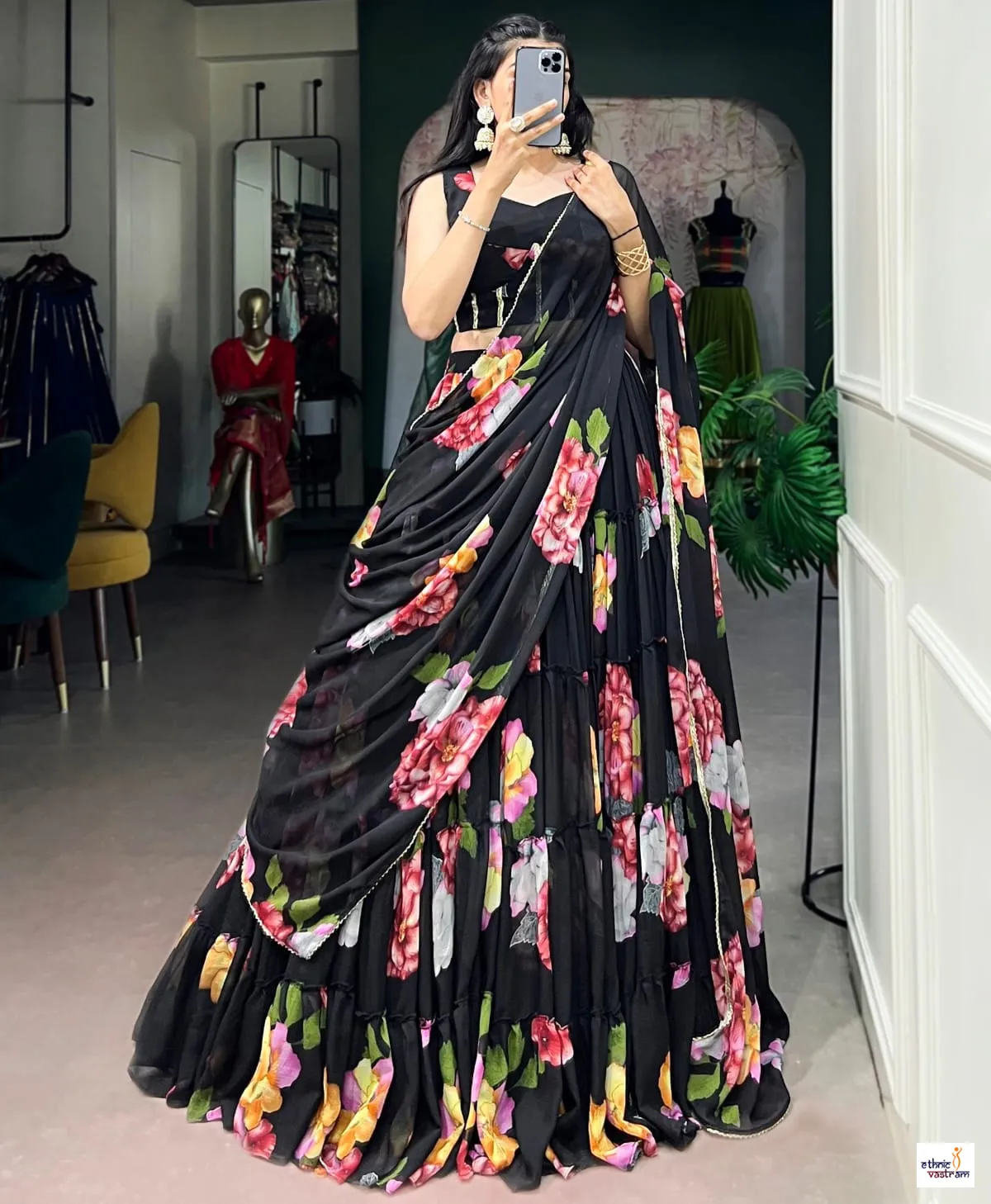 Black Chiffon Floral Print Ruffle Ethnic Party Wear Lehenga