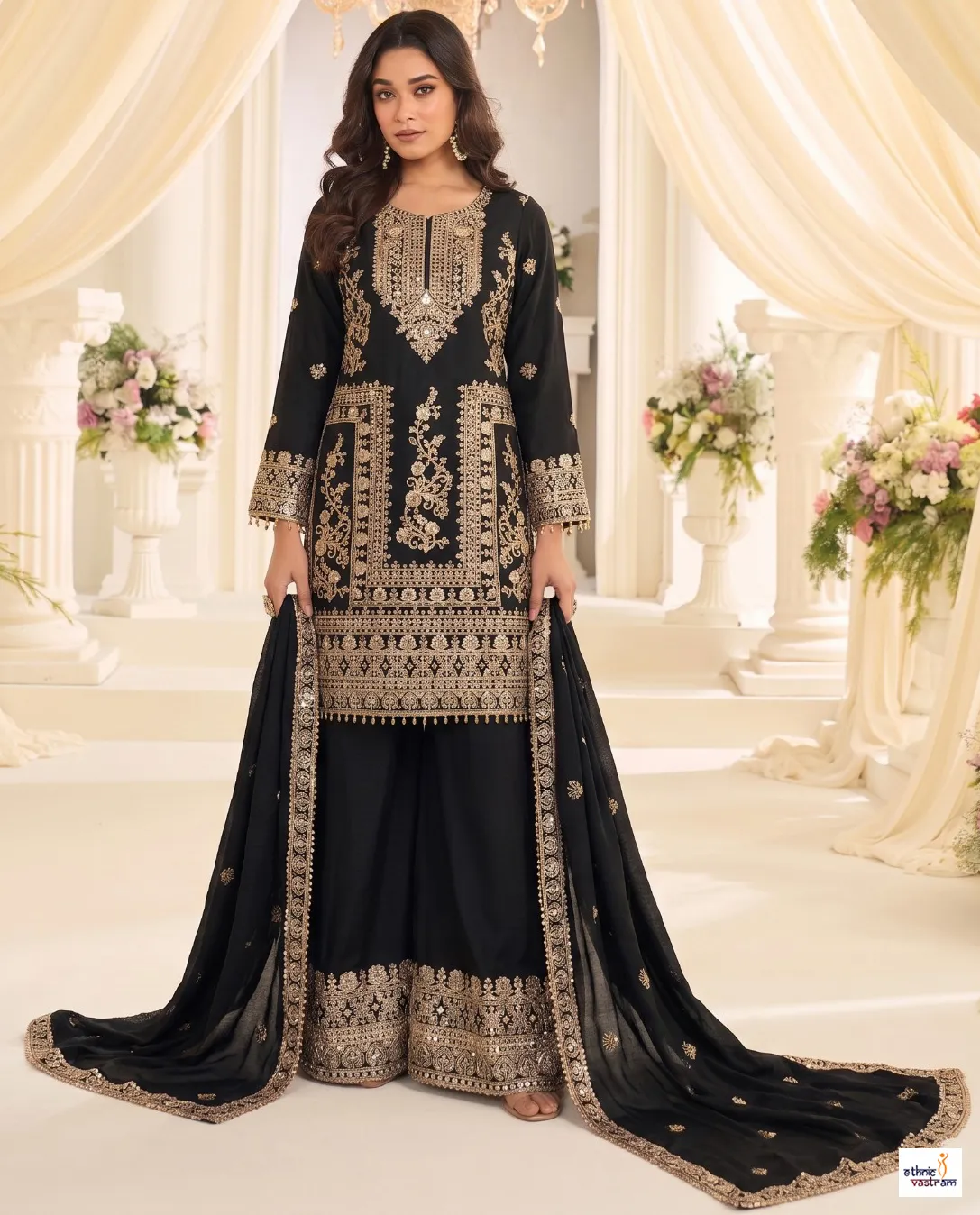 Black Chinon Heavy Sequins Embroidered Sharara Suit