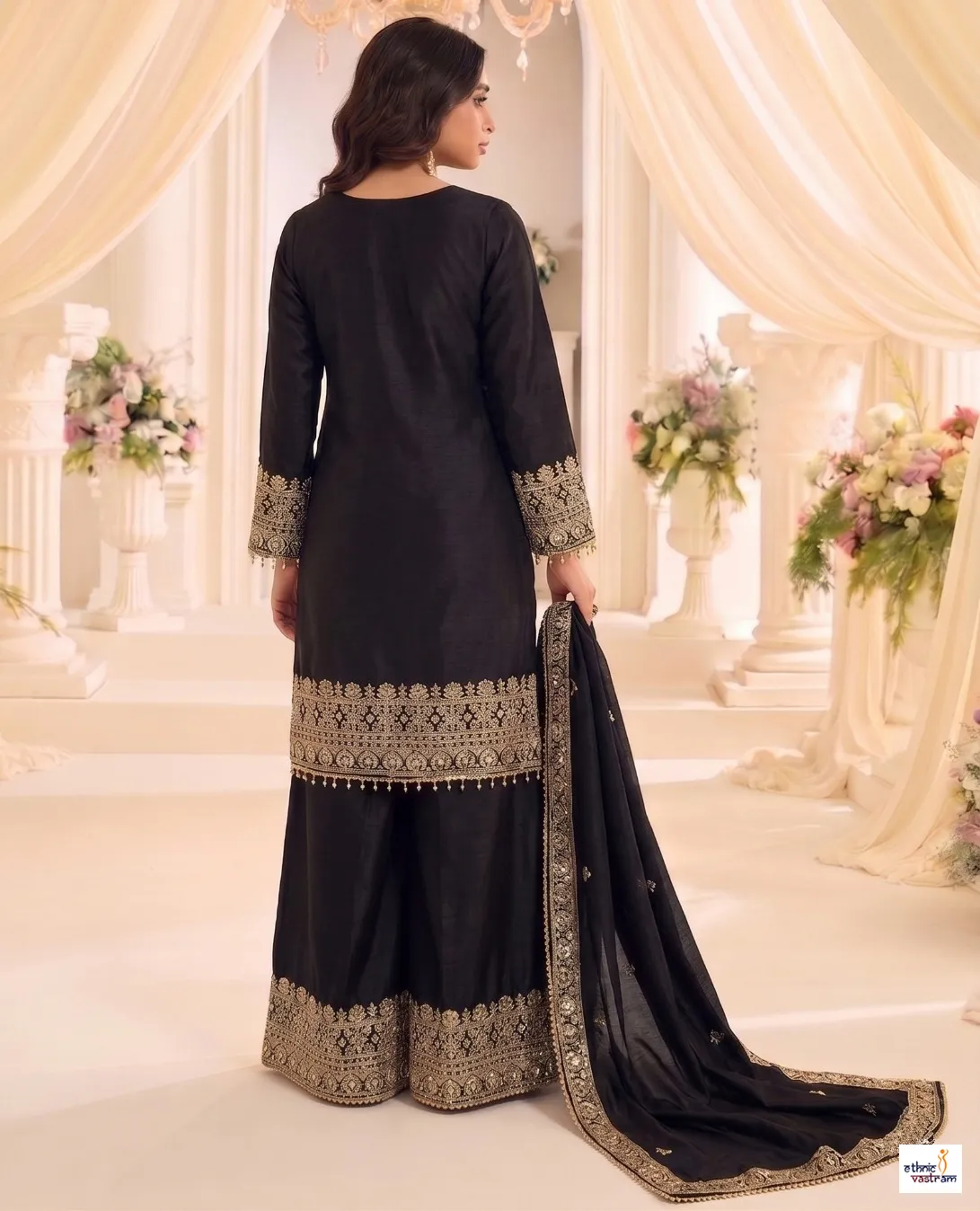 Black Chinon Heavy Sequins Embroidered Sharara Suit - Image 2
