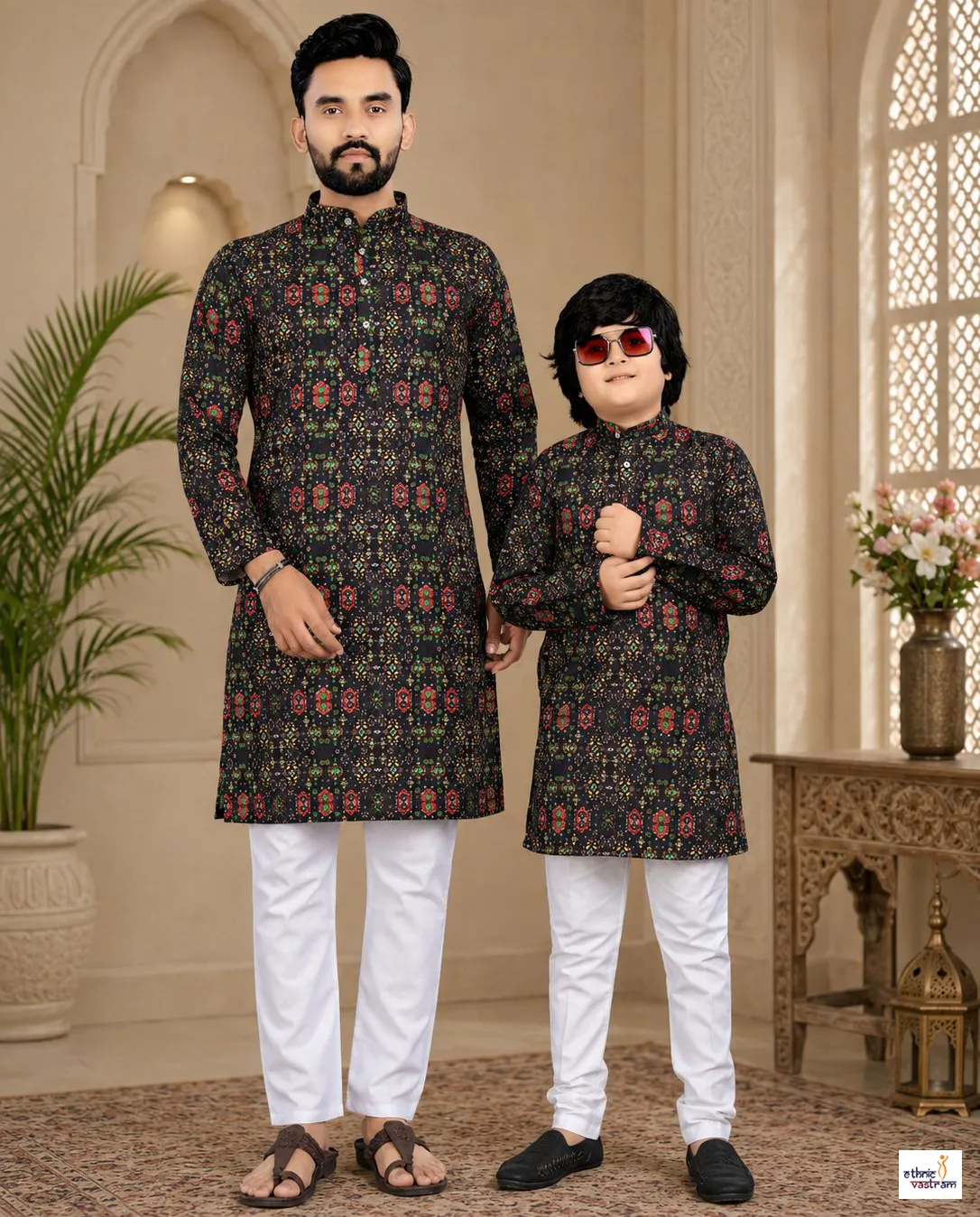 Black Cotton Crochet Work Father Son Matching Kurta Pajama